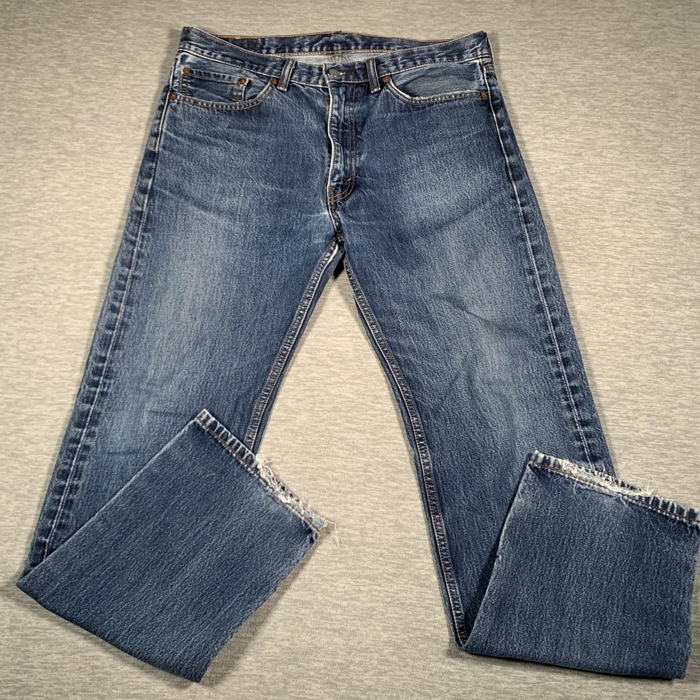 Levis 505 Jeans Mens 36x31 Blue Denim Straight Leg Medium Wash‎ Distressed Hem